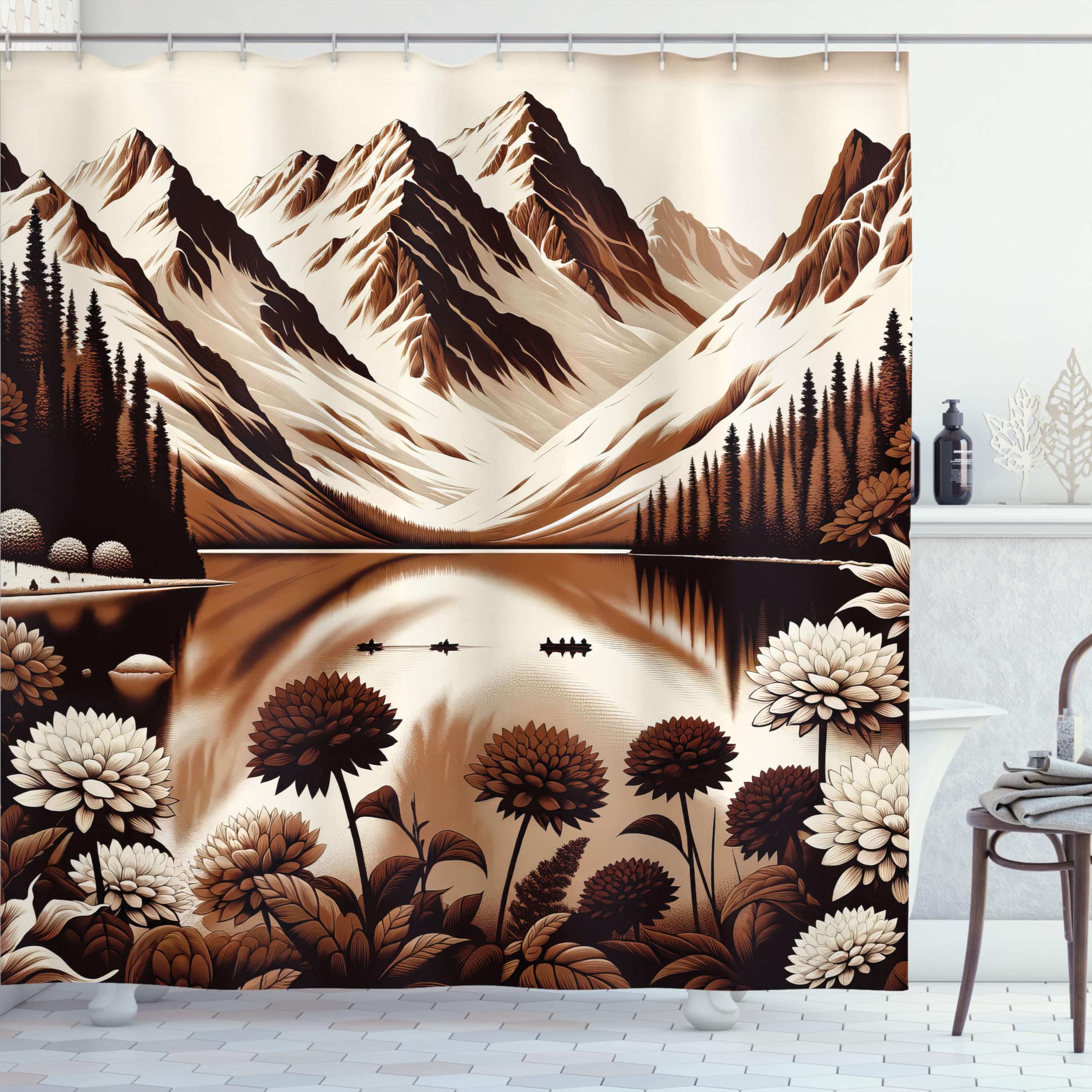 Ambesonne Lake Shower Curtain, Brown Tones Artwork Of Snowy Mountain Scenery With Flowers Darkened Woods, Cloth Fabric Bathroom